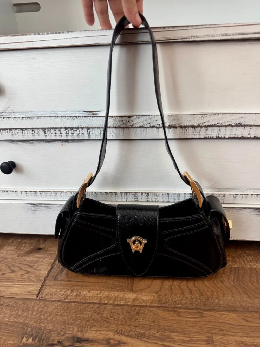 Manc Aurora Micro Black Gold Glossy Calf‎ Leather Shoulder Purse